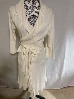 Garnet Hill Ivory Wrap Cardigan Duster with Belt Ruffle Trim Water Fall